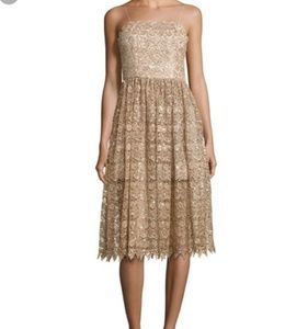 Alice + Olivia Midi Alma Gold lace dress New